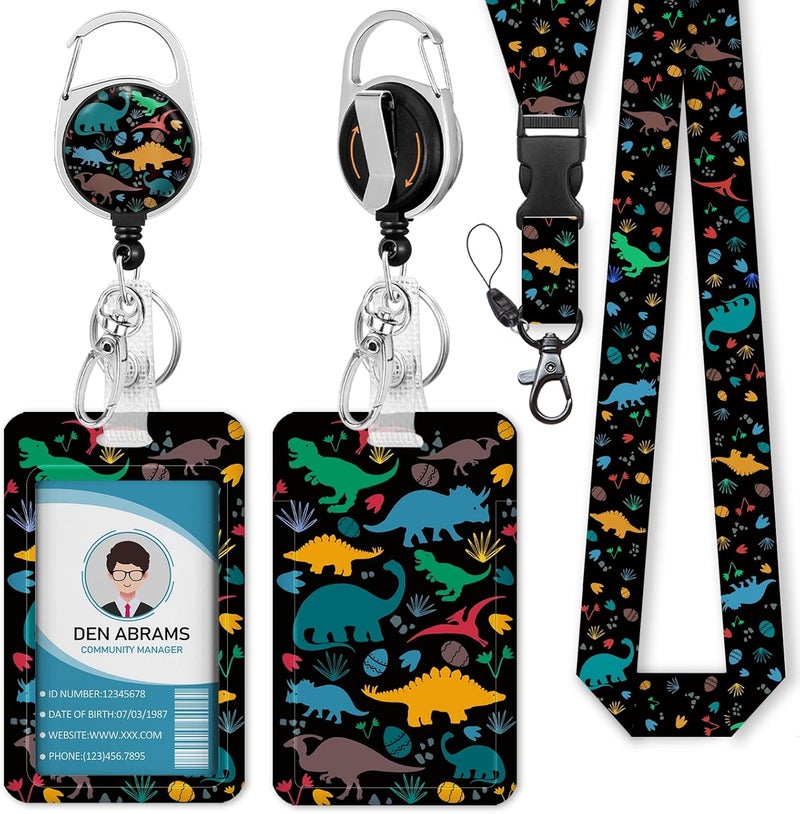 Piefly Lanyards for Id Badges, Cute Badge Holder with Retractable Badge Reel Clip, Dinosaur Work Card Name Tag Keychain Lanyard Vertical ID Card Protector for Women Nurse Doctor Teacher Student - Image 1